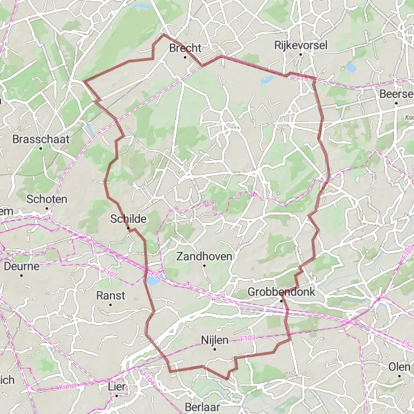 Map miniature of "Schilde to Bouwel Gravel Route" cycling inspiration in Prov. Antwerpen, Belgium. Generated by Tarmacs.app cycling route planner