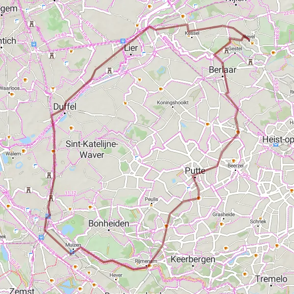 Map miniature of "Berlaar to Kessel Gravel Route" cycling inspiration in Prov. Antwerpen, Belgium. Generated by Tarmacs.app cycling route planner