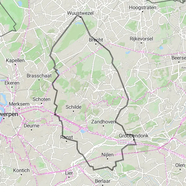Miniatuurkaart van de fietsinspiratie "Ranst - Maria-ter-Heide - Malle - Grobbendonk" in Prov. Antwerpen, Belgium. Gemaakt door de Tarmacs.app fietsrouteplanner