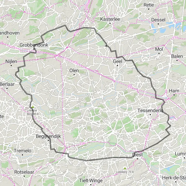 Miniatuurkaart van de fietsinspiratie "Kouterberg Wegroute" in Prov. Antwerpen, Belgium. Gemaakt door de Tarmacs.app fietsrouteplanner