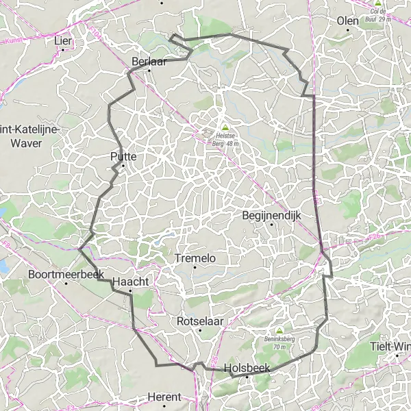 Miniature de la carte de l'inspiration cycliste "Les Collines de Campine" dans la Prov. Antwerpen, Belgium. Générée par le planificateur d'itinéraire cycliste Tarmacs.app