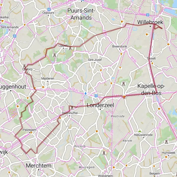 Miniatuurkaart van de fietsinspiratie "Gravelroute naar Kasteel Bel-Air" in Prov. Antwerpen, Belgium. Gemaakt door de Tarmacs.app fietsrouteplanner