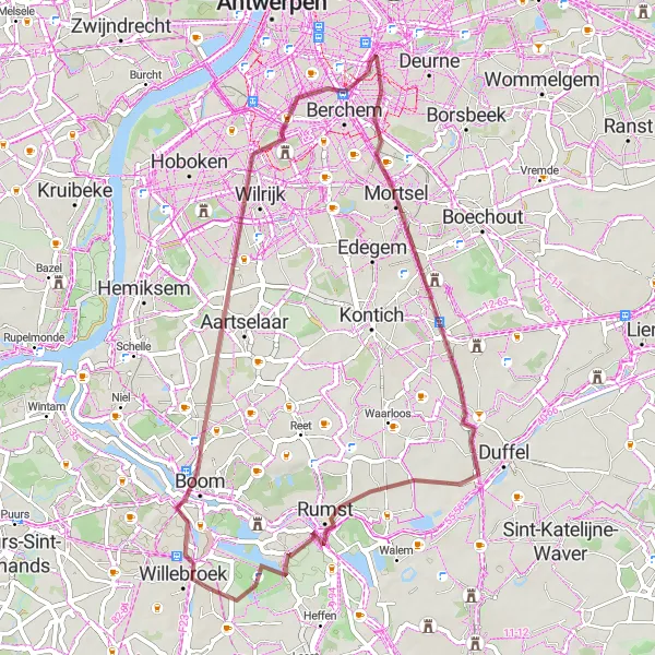 Miniatuurkaart van de fietsinspiratie "Gravelroute rond Blaasveld langs Kasteel Bel-Air" in Prov. Antwerpen, Belgium. Gemaakt door de Tarmacs.app fietsrouteplanner