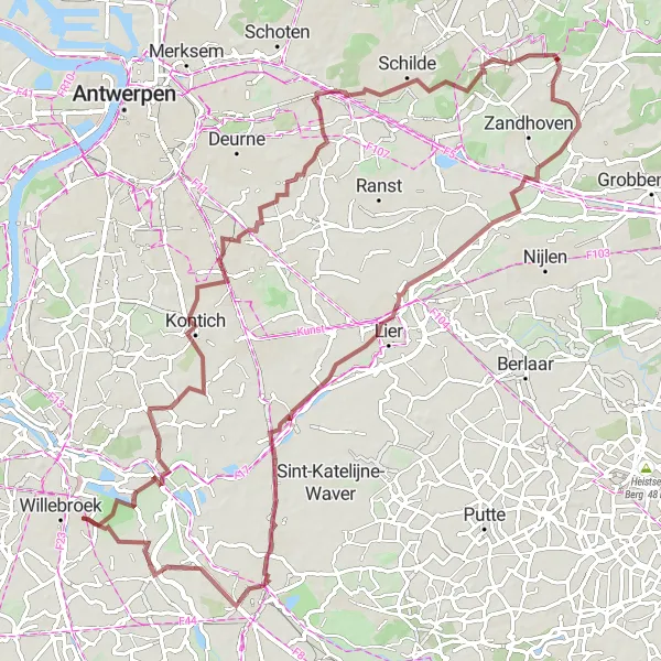 Map miniature of "Gravel Escape" cycling inspiration in Prov. Antwerpen, Belgium. Generated by Tarmacs.app cycling route planner