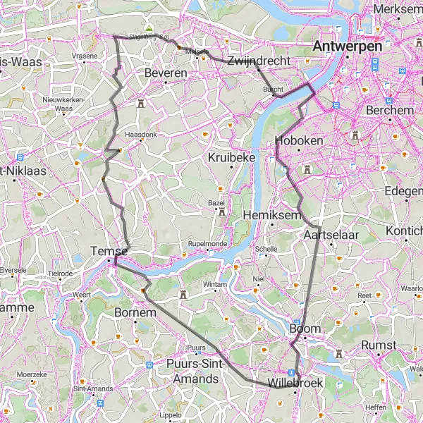 Miniature de la carte de l'inspiration cycliste "Parcours Road de Buitenland à Willebroek" dans la Prov. Antwerpen, Belgium. Générée par le planificateur d'itinéraire cycliste Tarmacs.app