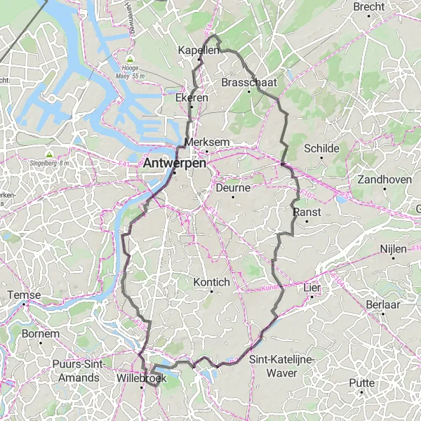 Miniatuurkaart van de fietsinspiratie "Fietsroute langs Kasteel Bel-Air en Vogelkijkhut De Aalscholver" in Prov. Antwerpen, Belgium. Gemaakt door de Tarmacs.app fietsrouteplanner