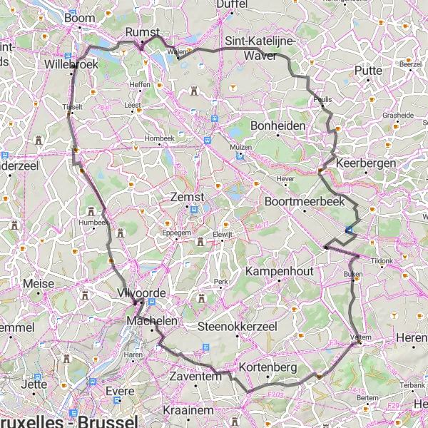 Miniature de la carte de l'inspiration cycliste "Balade à travers la Campagne Flamande" dans la Prov. Antwerpen, Belgium. Générée par le planificateur d'itinéraire cycliste Tarmacs.app