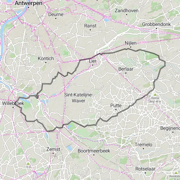 Map miniature of "Explore the Scenic Countryside" cycling inspiration in Prov. Antwerpen, Belgium. Generated by Tarmacs.app cycling route planner