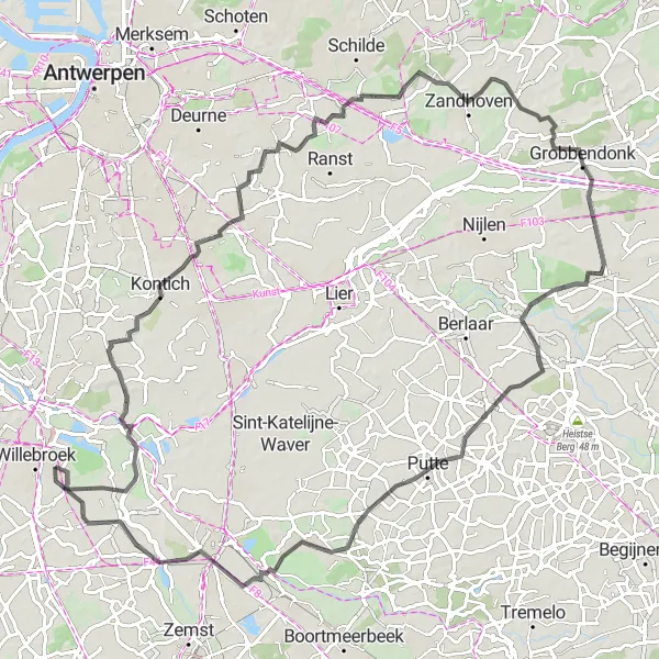 Map miniature of "Great Road Expedition" cycling inspiration in Prov. Antwerpen, Belgium. Generated by Tarmacs.app cycling route planner