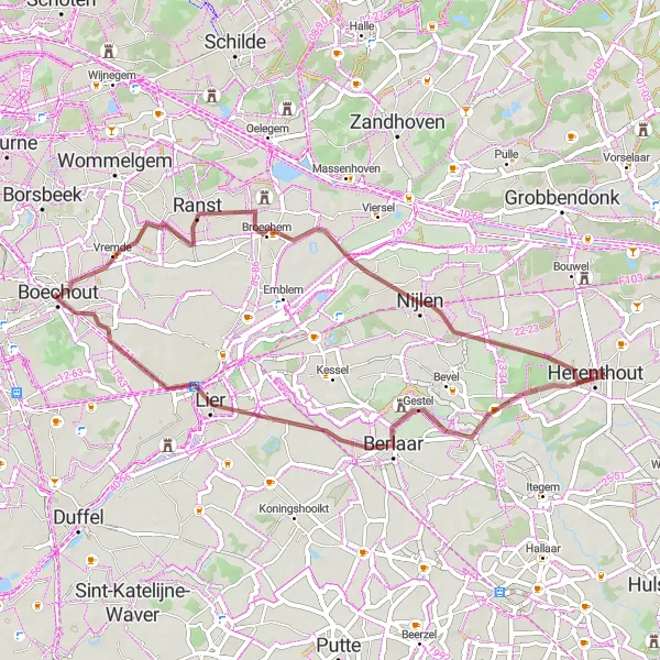 Map miniature of "Gravel Ride to Vremde and Nijlen" cycling inspiration in Prov. Antwerpen, Belgium. Generated by Tarmacs.app cycling route planner