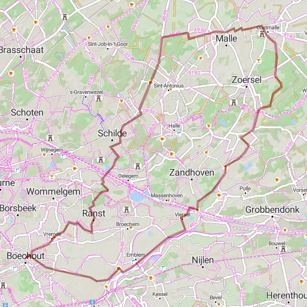 Miniatuurkaart van de fietsinspiratie "Gravelroute Boechout - Vremde - Schilde - Salphen - Viersel - Boechout" in Prov. Antwerpen, Belgium. Gemaakt door de Tarmacs.app fietsrouteplanner