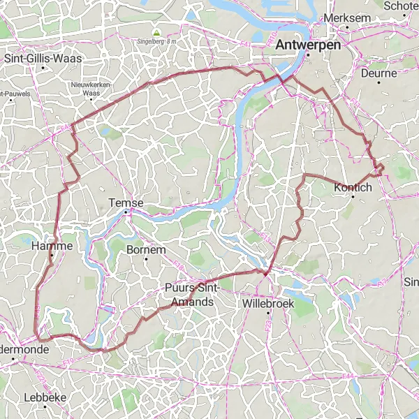 Map miniature of "Scenic Gravel Route through Kontich and Puurs-Sint-Amands" cycling inspiration in Prov. Antwerpen, Belgium. Generated by Tarmacs.app cycling route planner