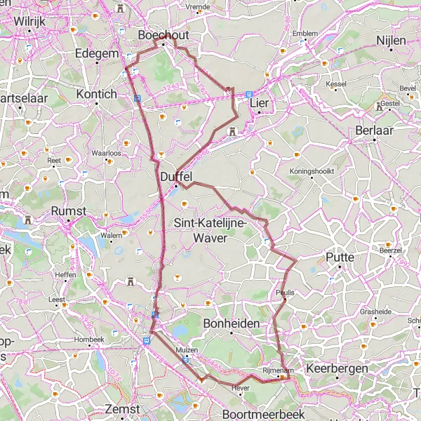 Miniatuurkaart van de fietsinspiratie "Gravelroute Boechout - Duffel - Onze-Lieve-Vrouw-Waver - Harent - uitzichtpunt bonobo's - TPM14 - Boechout" in Prov. Antwerpen, Belgium. Gemaakt door de Tarmacs.app fietsrouteplanner