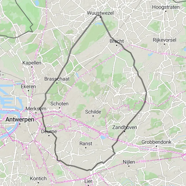 Map miniature of "Boechout - Brasschaat Loop" cycling inspiration in Prov. Antwerpen, Belgium. Generated by Tarmacs.app cycling route planner
