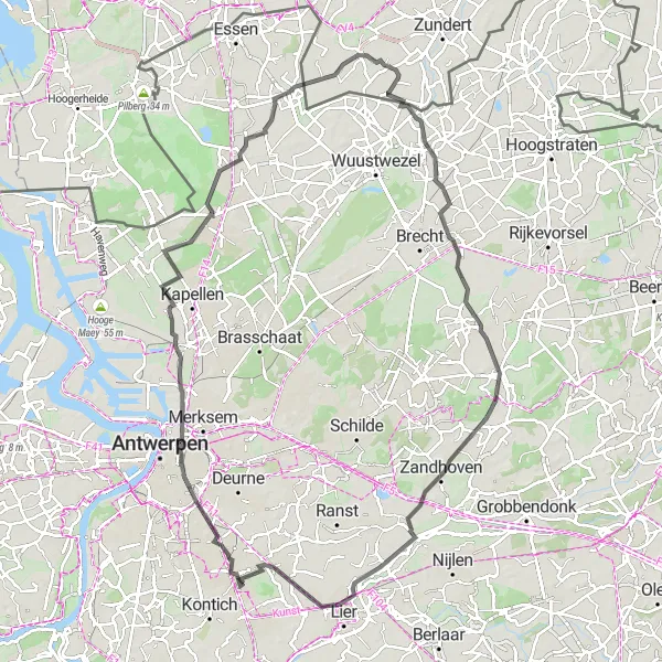 Map miniature of "Picturesque Road Cycling Route" cycling inspiration in Prov. Antwerpen, Belgium. Generated by Tarmacs.app cycling route planner