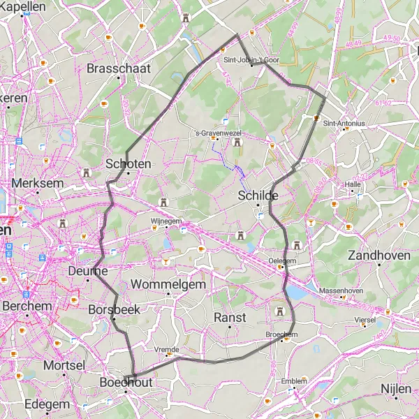 Miniature de la carte de l'inspiration cycliste "Escapade à Broechem et Sint-Job-in-'t-Goor" dans la Prov. Antwerpen, Belgium. Générée par le planificateur d'itinéraire cycliste Tarmacs.app