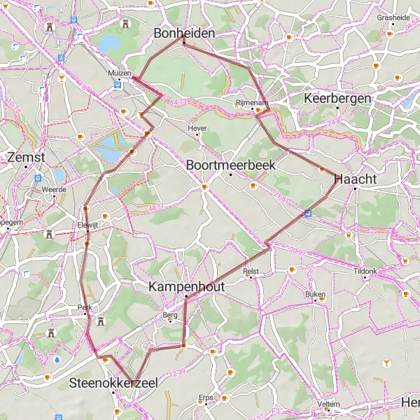 Miniatuurkaart van de fietsinspiratie "Gravelroute door Haacht, Kampenhout en Steenokkerzeel" in Prov. Antwerpen, Belgium. Gemaakt door de Tarmacs.app fietsrouteplanner