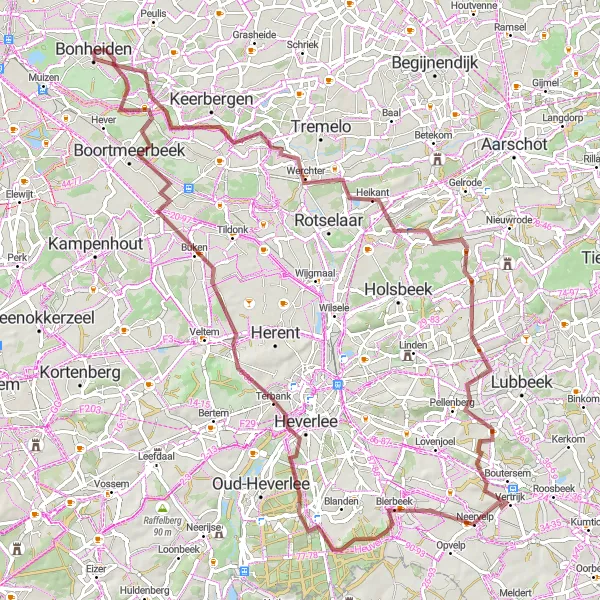 Miniatuurkaart van de fietsinspiratie "Gravelroute naar Werchter en Arenbergkasteel" in Prov. Antwerpen, Belgium. Gemaakt door de Tarmacs.app fietsrouteplanner