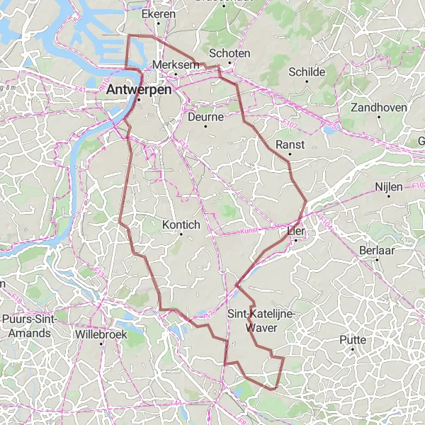 Miniature de la carte de l'inspiration cycliste "Randonnée gravier autour d'Antwerpen" dans la Prov. Antwerpen, Belgium. Générée par le planificateur d'itinéraire cycliste Tarmacs.app