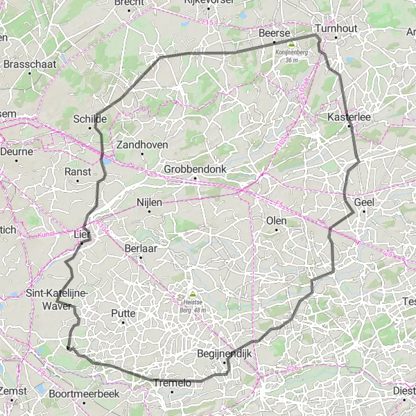 Karten-Miniaturansicht der Radinspiration "Roadtrip zu den Highlights von Lier und Kasterlee" in Prov. Antwerpen, Belgium. Erstellt vom Tarmacs.app-Routenplaner für Radtouren