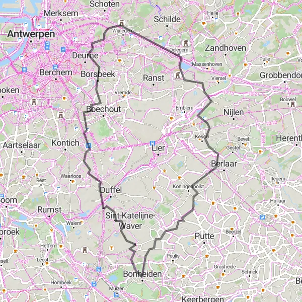 Map miniature of "The Bonheiden Leisure Ride" cycling inspiration in Prov. Antwerpen, Belgium. Generated by Tarmacs.app cycling route planner