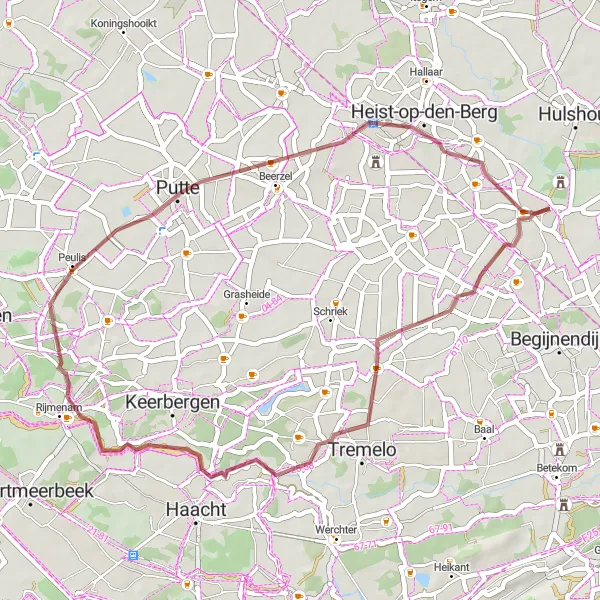 Map miniature of "Gravel Adventure in Booischot" cycling inspiration in Prov. Antwerpen, Belgium. Generated by Tarmacs.app cycling route planner