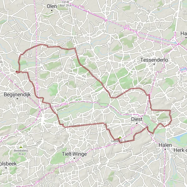 Miniatuurkaart van de fietsinspiratie "Gravelroute via Bergom en Houtvenne" in Prov. Antwerpen, Belgium. Gemaakt door de Tarmacs.app fietsrouteplanner