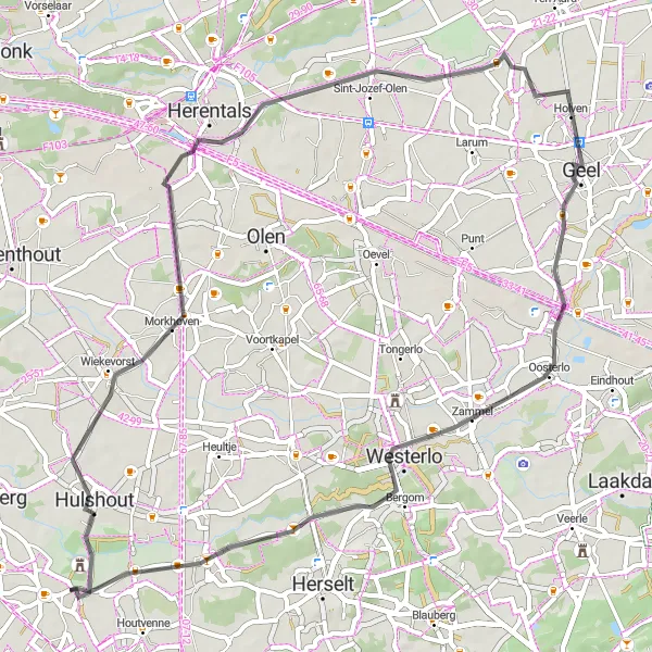 Miniature de la carte de l'inspiration cycliste "La boucle sur route Morkhoven - Westmeerbeek" dans la Prov. Antwerpen, Belgium. Générée par le planificateur d'itinéraire cycliste Tarmacs.app
