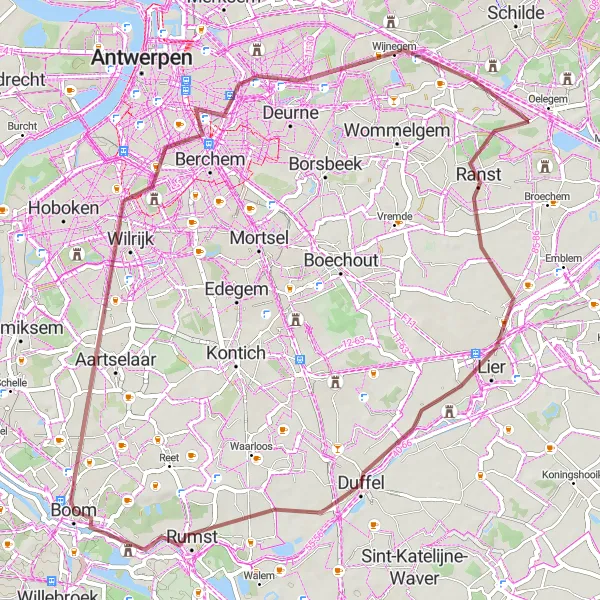 Miniatuurkaart van de fietsinspiratie "Verborgen Schatten van Antwerpen op Grindpaden" in Prov. Antwerpen, Belgium. Gemaakt door de Tarmacs.app fietsrouteplanner
