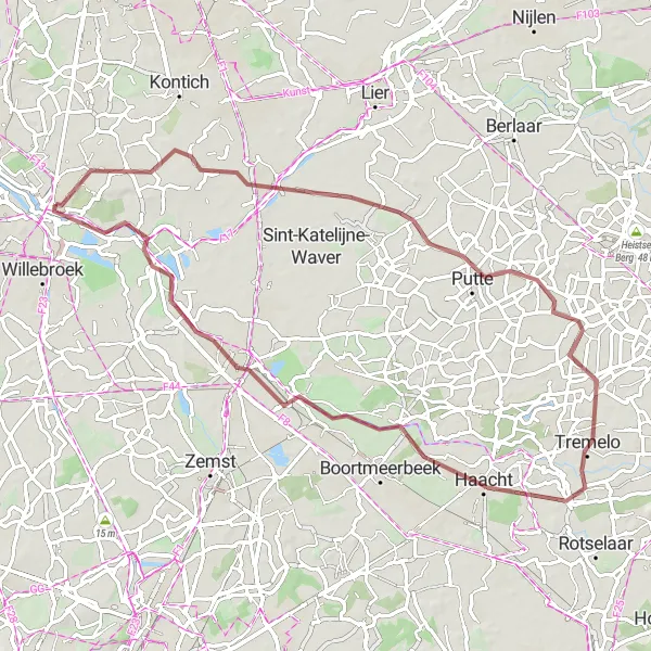 Karten-Miniaturansicht der Radinspiration "Graveltour durch Watertoren und Rumst" in Prov. Antwerpen, Belgium. Erstellt vom Tarmacs.app-Routenplaner für Radtouren