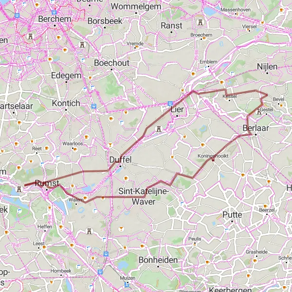Miniatuurkaart van de fietsinspiratie "Door het Groene Hart van België op Grindpaden" in Prov. Antwerpen, Belgium. Gemaakt door de Tarmacs.app fietsrouteplanner