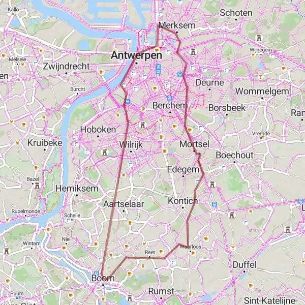 Miniature de la carte de l'inspiration cycliste "Balade Gravel entre les Villes" dans la Prov. Antwerpen, Belgium. Générée par le planificateur d'itinéraire cycliste Tarmacs.app