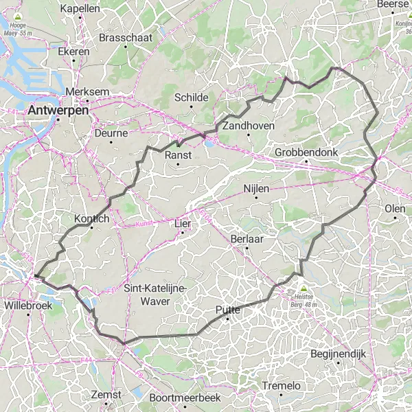 Miniature de la carte de l'inspiration cycliste "Route des Châteaux et des Tours" dans la Prov. Antwerpen, Belgium. Générée par le planificateur d'itinéraire cycliste Tarmacs.app