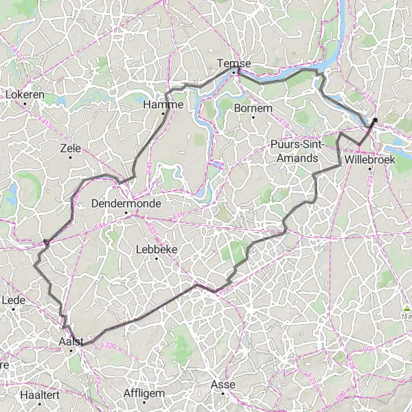 Miniatuurkaart van de fietsinspiratie "Fietstocht langs de Schelde en Dender" in Prov. Antwerpen, Belgium. Gemaakt door de Tarmacs.app fietsrouteplanner