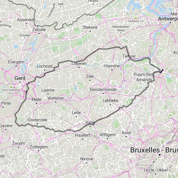 Miniatuurkaart van de fietsinspiratie "Avontuurlijke fietstocht door Oost-Vlaanderen" in Prov. Antwerpen, Belgium. Gemaakt door de Tarmacs.app fietsrouteplanner