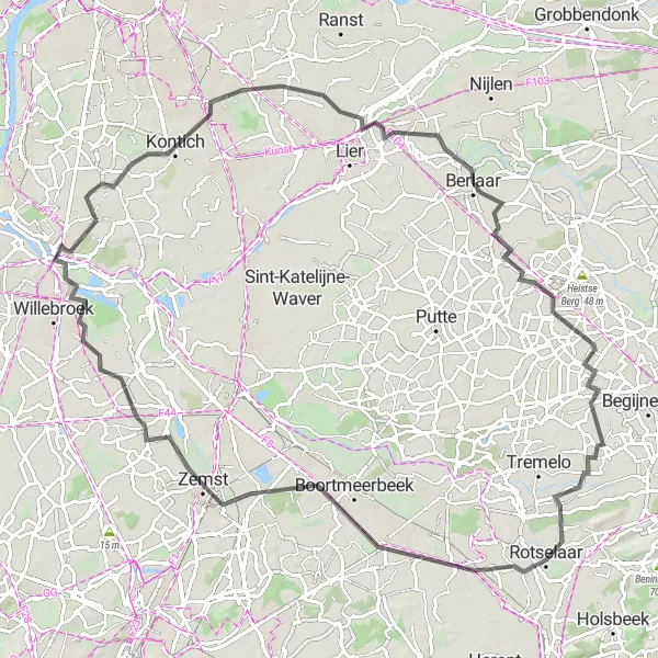 Miniature de la carte de l'inspiration cycliste "Parcours des Châteaux et des Oiseaux" dans la Prov. Antwerpen, Belgium. Générée par le planificateur d'itinéraire cycliste Tarmacs.app