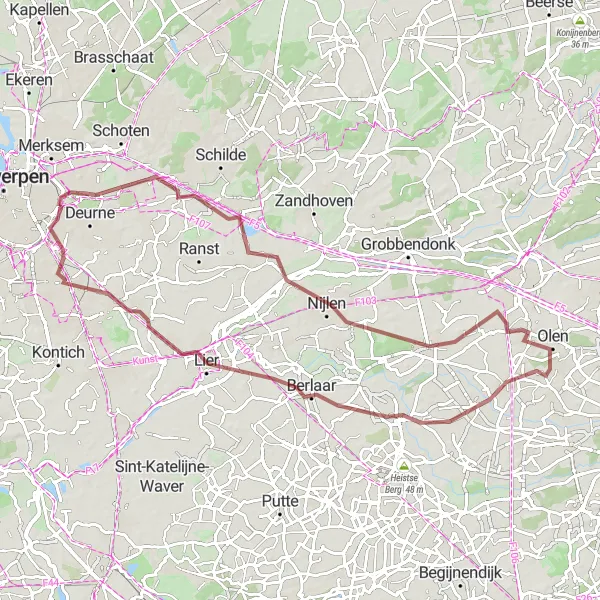 Miniature de la carte de l'inspiration cycliste "Aventure gravel à travers Olen et Berlaar" dans la Prov. Antwerpen, Belgium. Générée par le planificateur d'itinéraire cycliste Tarmacs.app