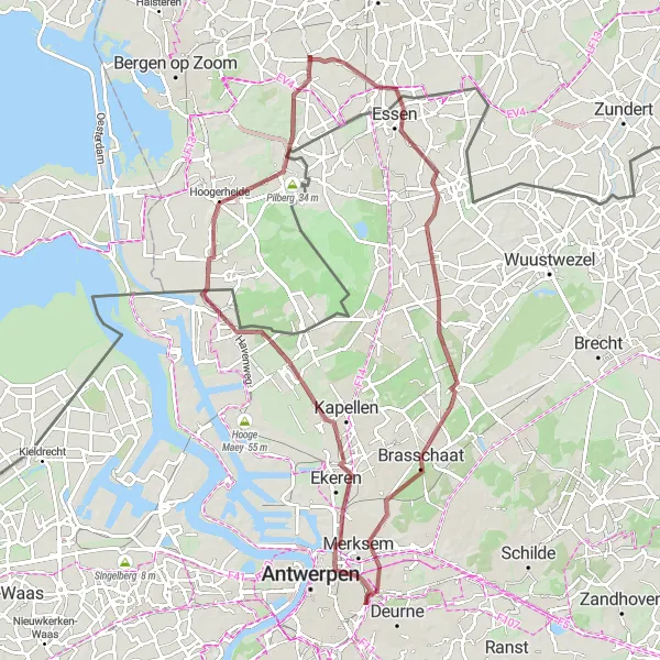 Map miniature of "Gravel Adventure to Essen" cycling inspiration in Prov. Antwerpen, Belgium. Generated by Tarmacs.app cycling route planner