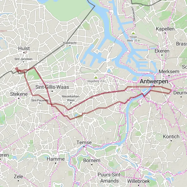 Map miniature of "Antwerp City Gravel Ride" cycling inspiration in Prov. Antwerpen, Belgium. Generated by Tarmacs.app cycling route planner