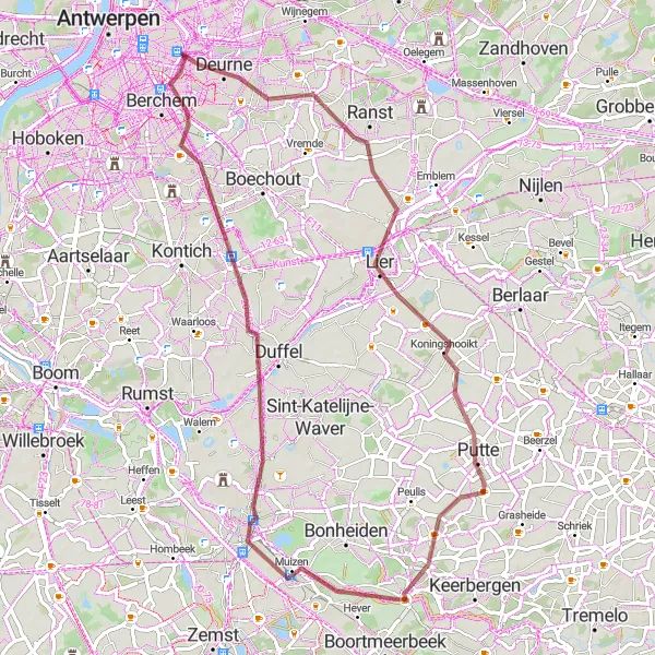 Miniatuurkaart van de fietsinspiratie "Gravelroute naar het zuidwesten van Antwerpen" in Prov. Antwerpen, Belgium. Gemaakt door de Tarmacs.app fietsrouteplanner
