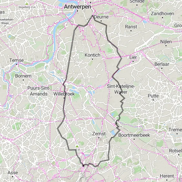 Karten-Miniaturansicht der Radinspiration "Landschaftliche Roadtour durch die Natur" in Prov. Antwerpen, Belgium. Erstellt vom Tarmacs.app-Routenplaner für Radtouren