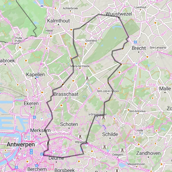 Map miniature of "Countryside Loop via Wuustwezel" cycling inspiration in Prov. Antwerpen, Belgium. Generated by Tarmacs.app cycling route planner