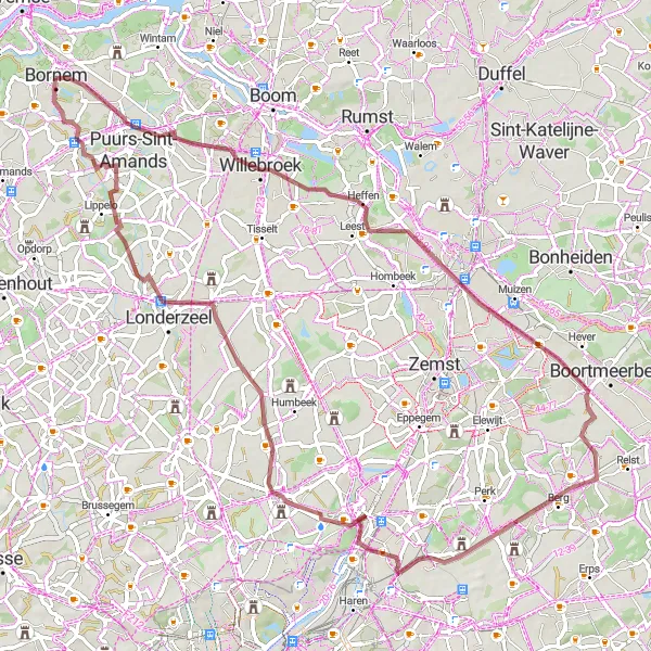 Map miniature of "The Hidden Gems Gravel Route" cycling inspiration in Prov. Antwerpen, Belgium. Generated by Tarmacs.app cycling route planner