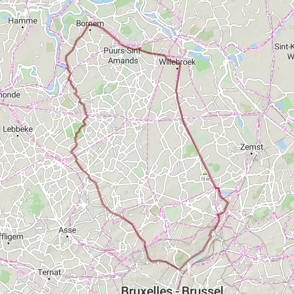 Map miniature of "Gravel Adventure in Bornem" cycling inspiration in Prov. Antwerpen, Belgium. Generated by Tarmacs.app cycling route planner