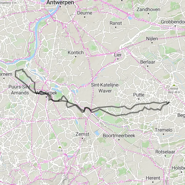 Map miniature of "The Heritage Road Cycling Route" cycling inspiration in Prov. Antwerpen, Belgium. Generated by Tarmacs.app cycling route planner