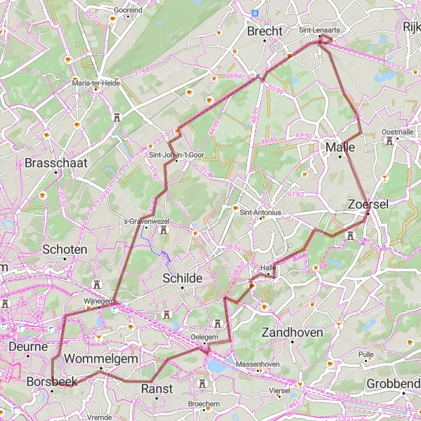 Map miniature of "Wrijf gravel in the country fields near Borsbeek" cycling inspiration in Prov. Antwerpen, Belgium. Generated by Tarmacs.app cycling route planner