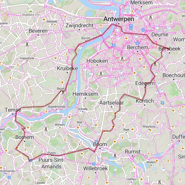 Miniature de la carte de l'inspiration cycliste "Antwerp Countryside Tour" dans la Prov. Antwerpen, Belgium. Générée par le planificateur d'itinéraire cycliste Tarmacs.app