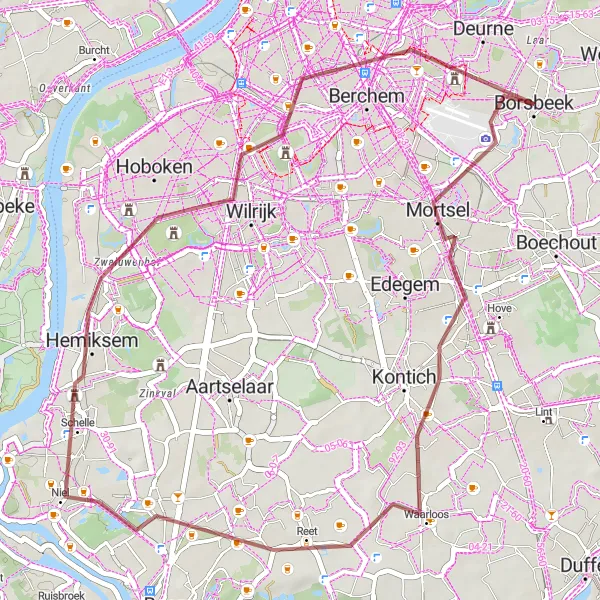 Map miniature of "Explore the urban tranquility and hidden gems" cycling inspiration in Prov. Antwerpen, Belgium. Generated by Tarmacs.app cycling route planner