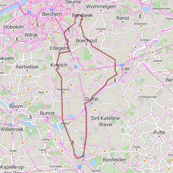 Miniatuurkaart van de fietsinspiratie "Gravelroute Borsbeek en omgeving" in Prov. Antwerpen, Belgium. Gemaakt door de Tarmacs.app fietsrouteplanner