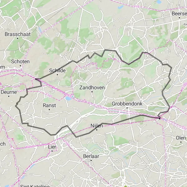 Miniatuurkaart van de fietsinspiratie "75 km route door landelijke omgeving" in Prov. Antwerpen, Belgium. Gemaakt door de Tarmacs.app fietsrouteplanner